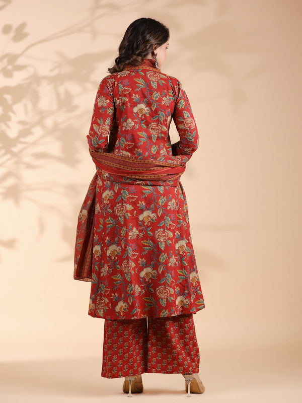 Red Floral Print Alia Cut Cotton Stitched Kurta Set