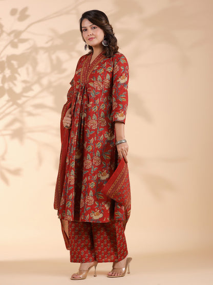 Red Floral Print Alia Cut Cotton Stitched Kurta Set