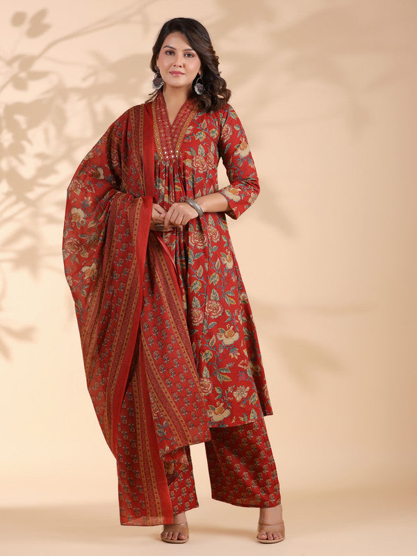 Red Floral Print Alia Cut Cotton Stitched Kurta Set