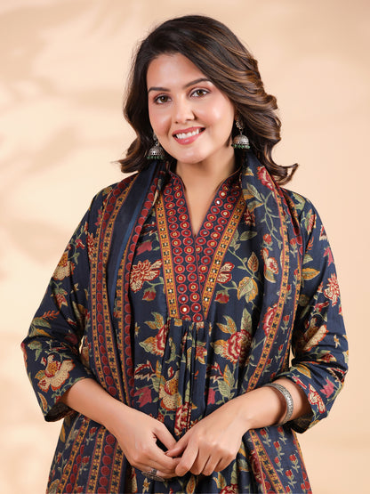 Blue Floral Print Alia Cut Cotton Stitched Kurta Set