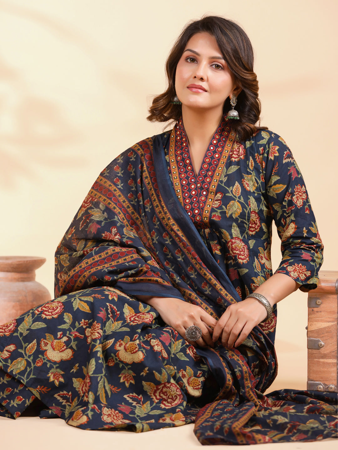 Blue Floral Print Alia Cut Cotton Stitched Kurta Set