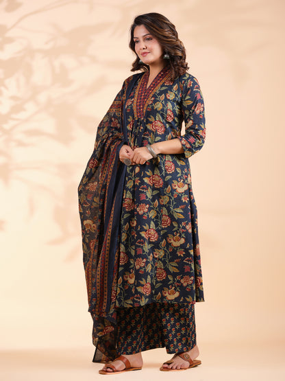 Blue Floral Print Alia Cut Cotton Stitched Kurta Set