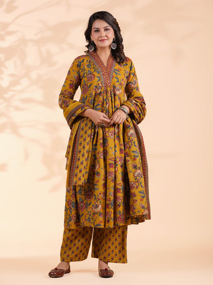 Mustard Floral Print Alia Cut Cotton Stitched Kurta Set