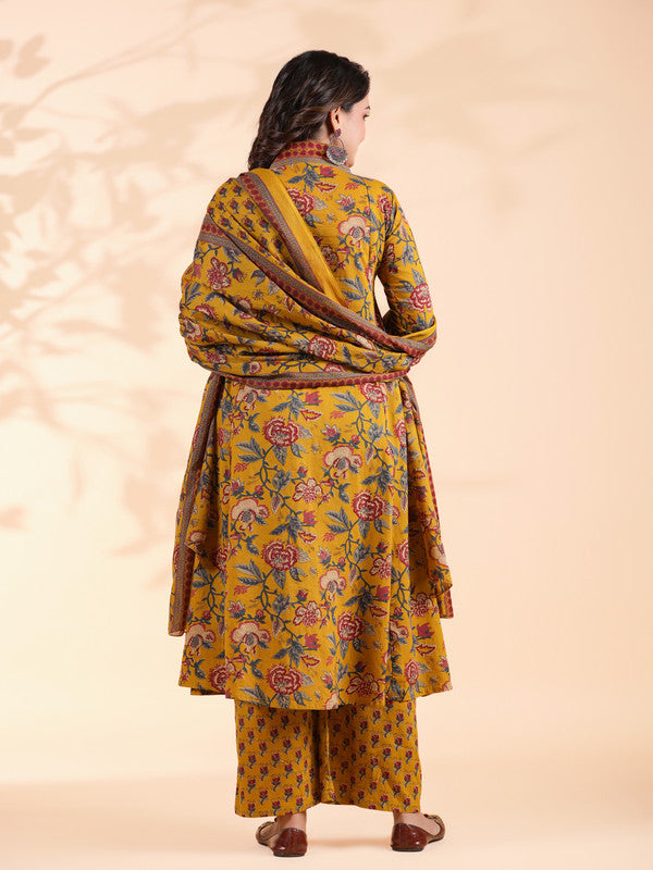 Mustard Floral Print Alia Cut Cotton Stitched Kurta Set