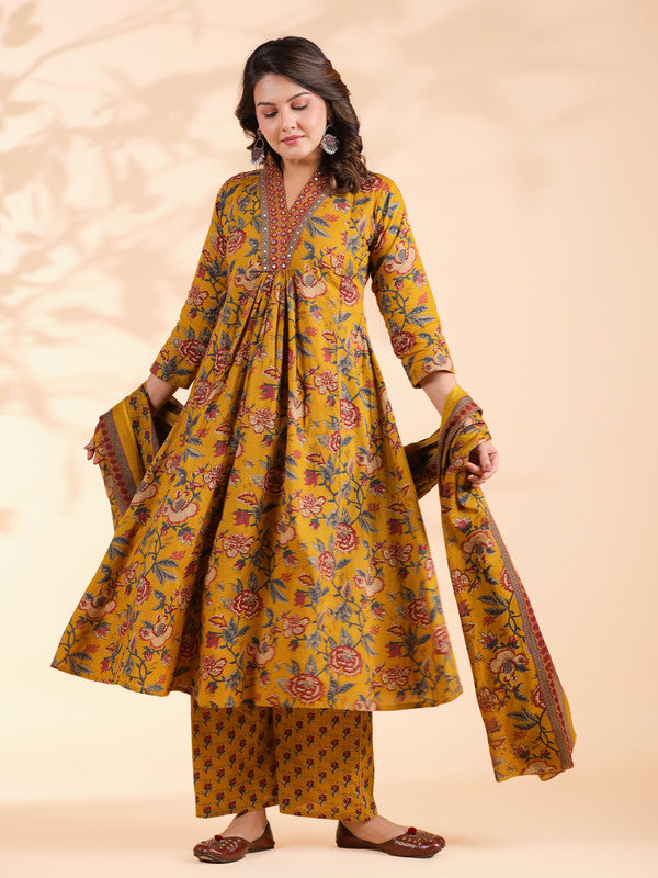 Mustard Floral Print Alia Cut Cotton Stitched Kurta Set