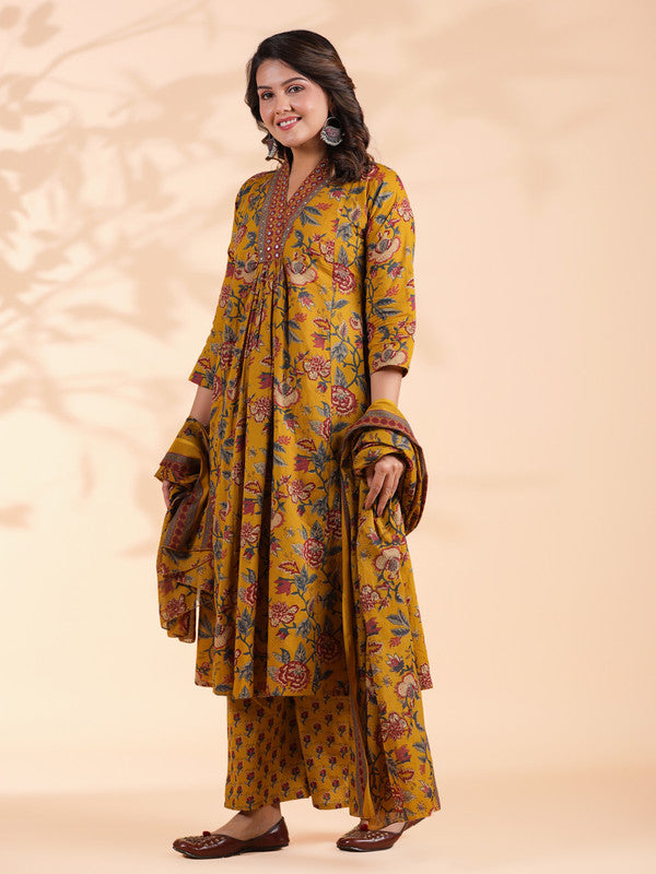 Mustard Floral Print Alia Cut Cotton Stitched Kurta Set