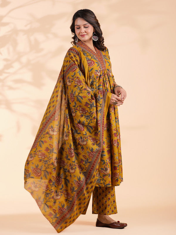 Mustard Floral Print Alia Cut Cotton Stitched Kurta Set