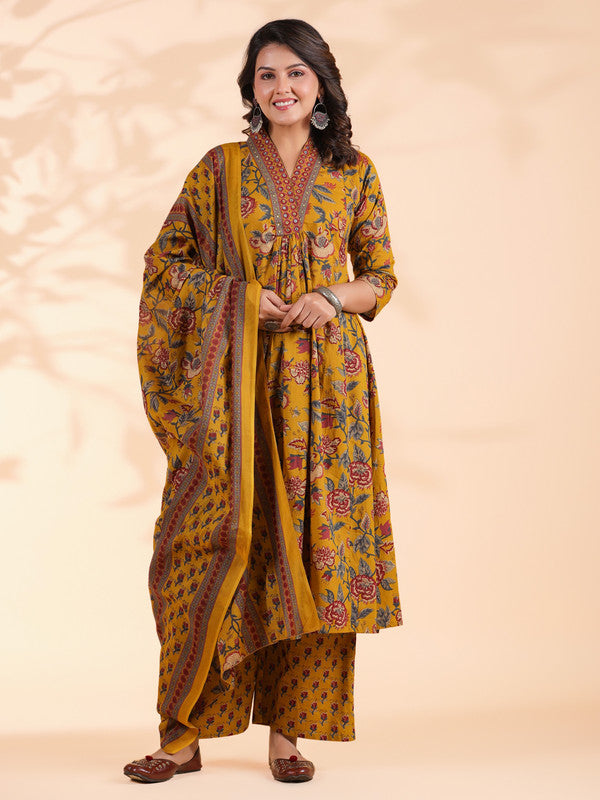 Mustard Floral Print Alia Cut Cotton Stitched Kurta Set