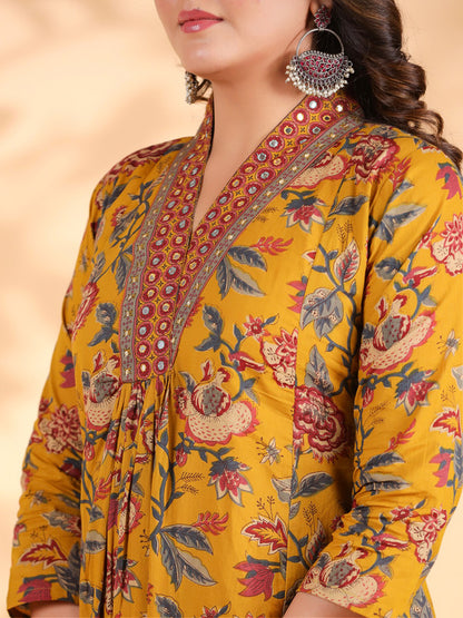 Mustard Floral Print Alia Cut Cotton Stitched Kurta Set