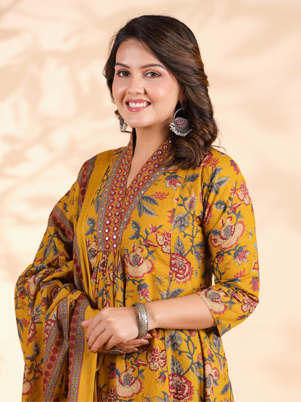 Mustard Floral Print Alia Cut Cotton Stitched Kurta Set