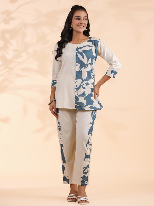 Dark Rama Half-Half Print Khadi Cotton Co-Ord Set