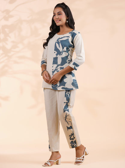 Dark Rama Half-Half Print Khadi Cotton Co-Ord Set