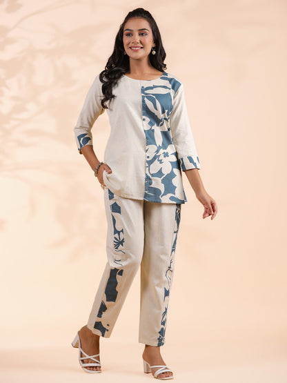 Dark Rama Half-Half Print Khadi Cotton Co-Ord Set