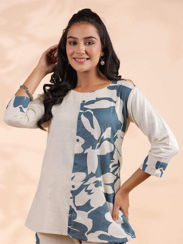 Dark Rama Half-Half Print Khadi Cotton Co-Ord Set