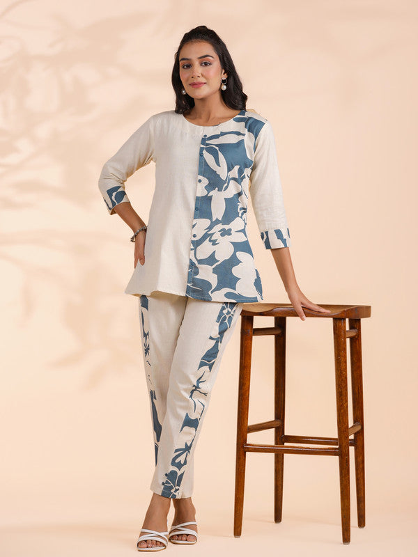 Dark Rama Half-Half Print Khadi Cotton Co-Ord Set