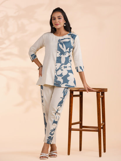 Dark Rama Half-Half Print Khadi Cotton Co-Ord Set