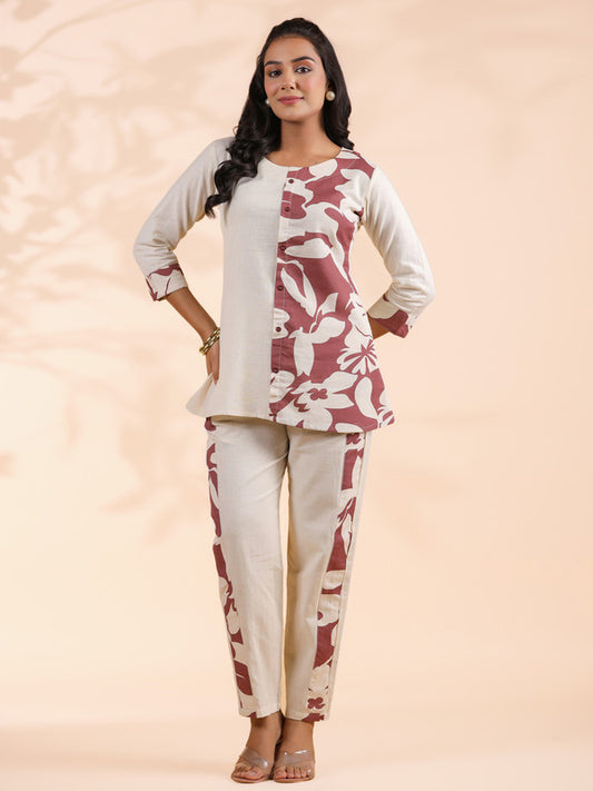 Magenta Half-Half Print Khadi Cotton Co-Ord Set