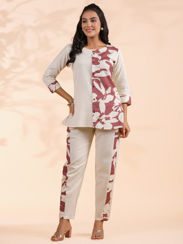 Magenta Half-Half Print Khadi Cotton Co-Ord Set