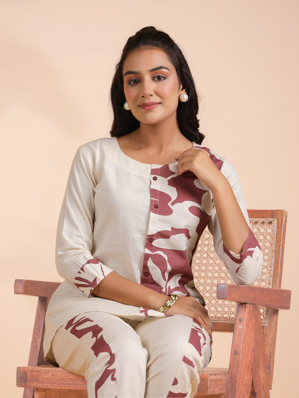 Magenta Half-Half Print Khadi Cotton Co-Ord Set