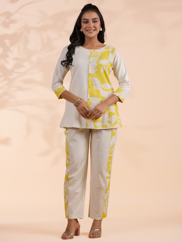 Yellow Half-Half Print Khadi Cotton Co-Ord Set