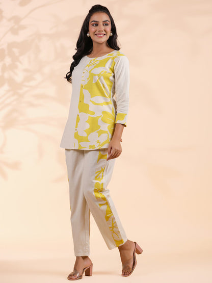 Yellow Half-Half Print Khadi Cotton Co-Ord Set