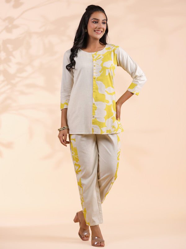 Yellow Half-Half Print Khadi Cotton Co-Ord Set