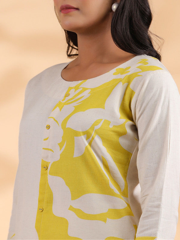 Yellow Half-Half Print Khadi Cotton Co-Ord Set