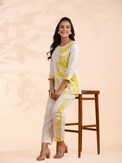 Yellow Half-Half Print Khadi Cotton Co-Ord Set