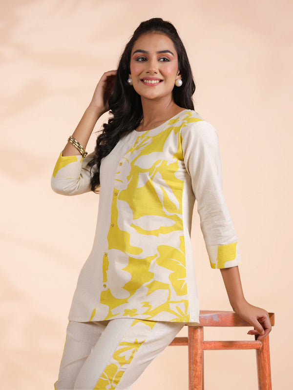 Yellow Half-Half Print Khadi Cotton Co-Ord Set