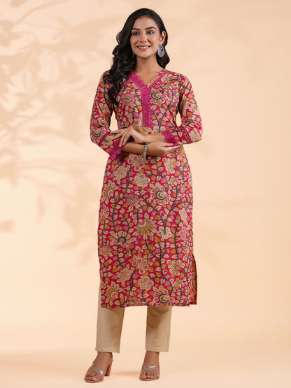 Pink Floral Print Straight Cotton Stitched Kurta