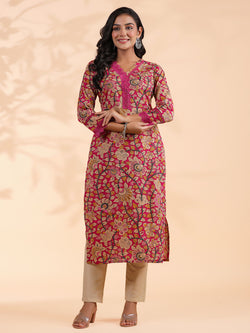 Pink Floral Print Straight Cotton Stitched Kurta