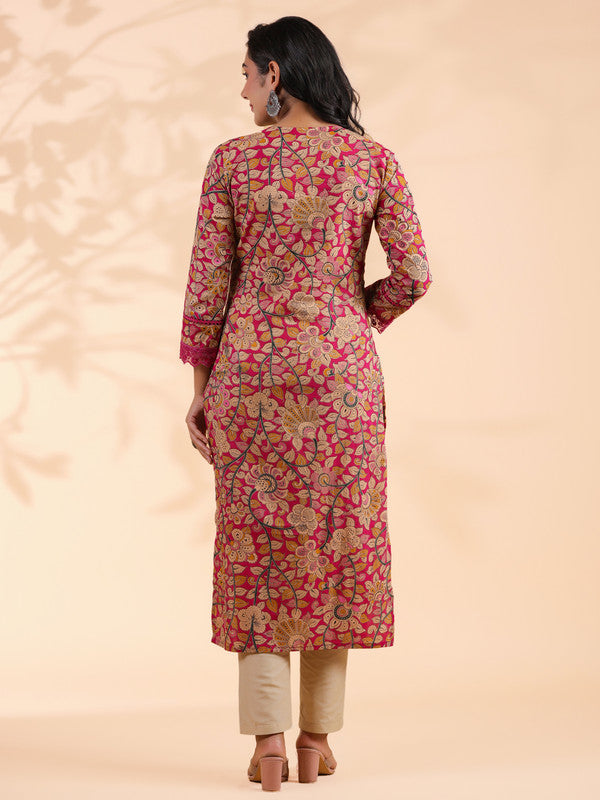 Pink Floral Print Straight Cotton Stitched Kurta