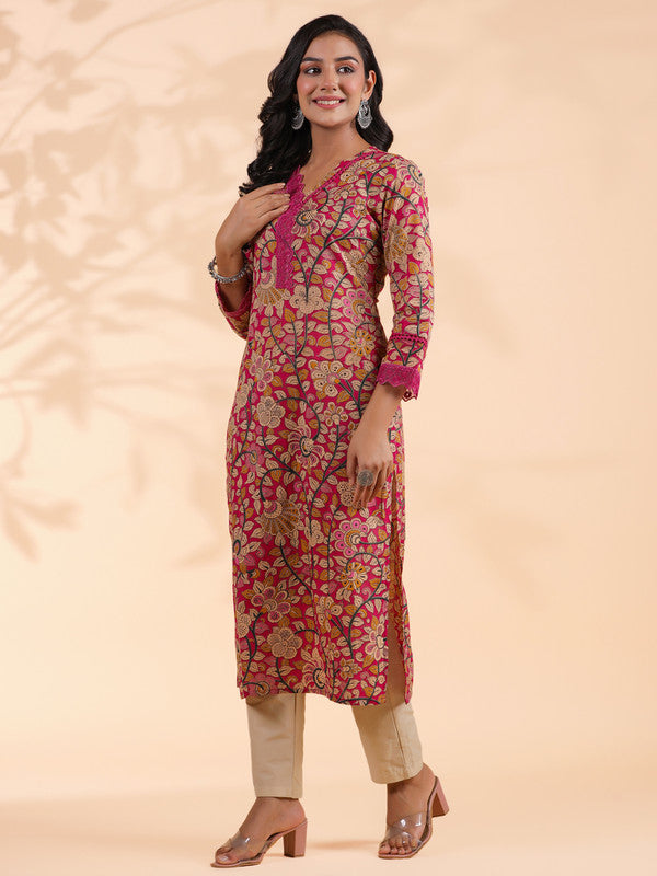 Pink Floral Print Straight Cotton Stitched Kurta