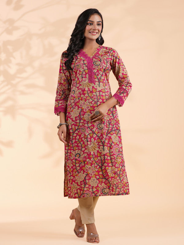 Pink Floral Print Straight Cotton Stitched Kurta