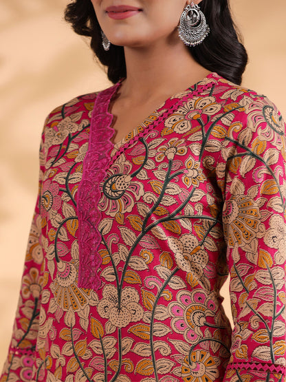 Pink Floral Print Straight Cotton Stitched Kurta