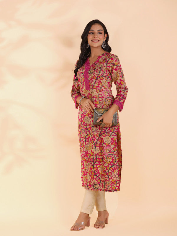 Pink Floral Print Straight Cotton Stitched Kurta