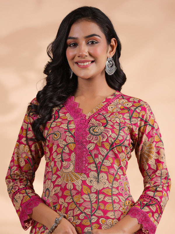 Pink Floral Print Straight Cotton Stitched Kurta