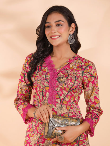 Pink Floral Print Straight Cotton Stitched Kurta