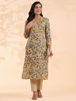 Beige Floral Print Straight Cotton Stitched Kurta