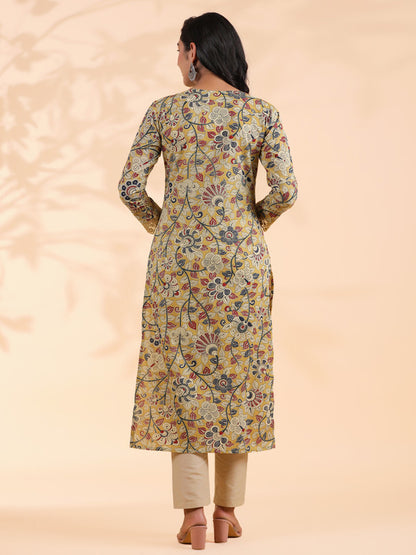 Beige Floral Print Straight Cotton Stitched Kurta