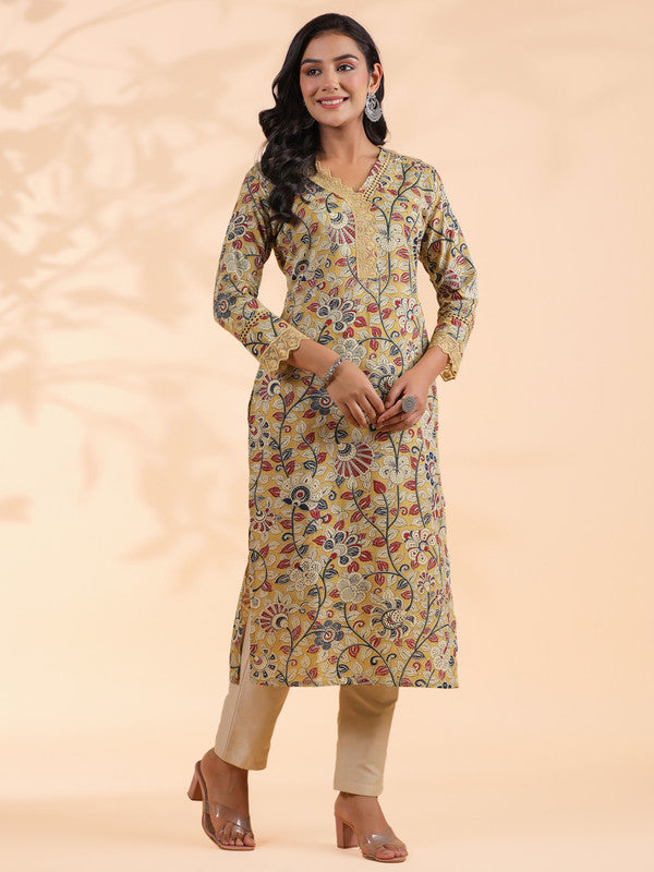 Beige Floral Print Straight Cotton Stitched Kurta