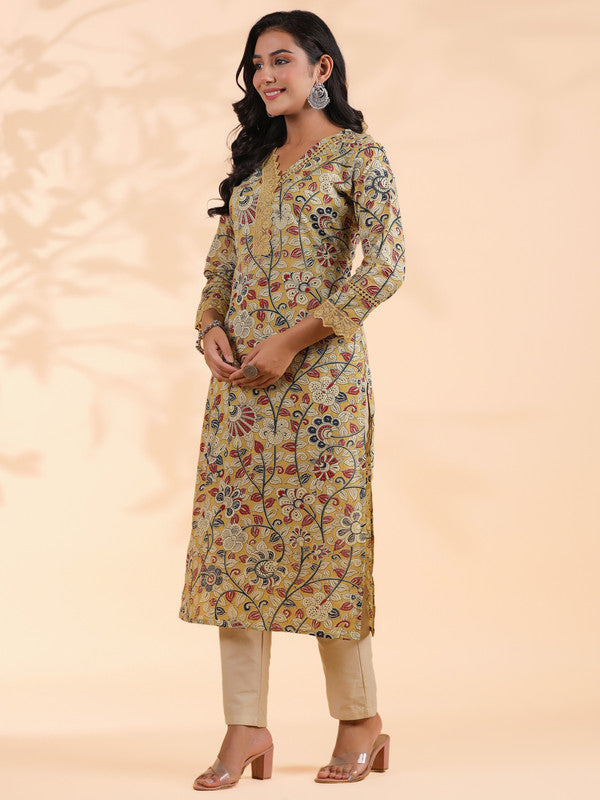 Beige Floral Print Straight Cotton Stitched Kurta