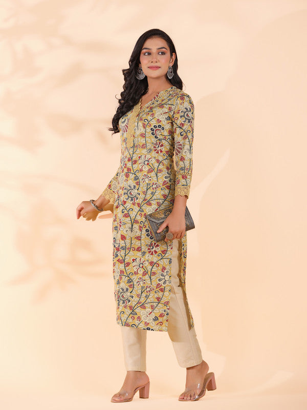 Beige Floral Print Straight Cotton Stitched Kurta