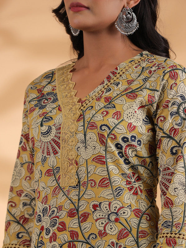 Beige Floral Print Straight Cotton Stitched Kurta