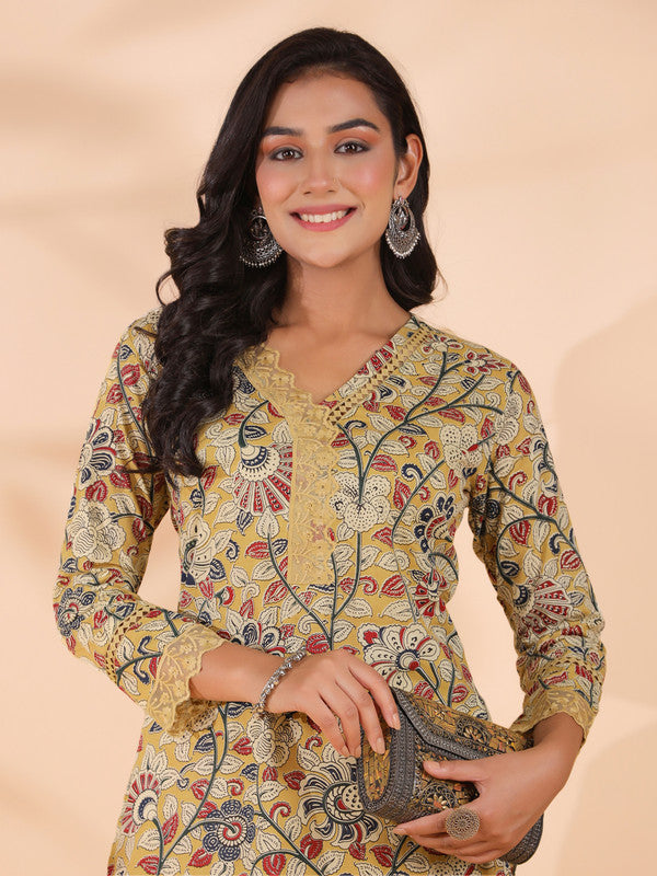 Beige Floral Print Straight Cotton Stitched Kurta