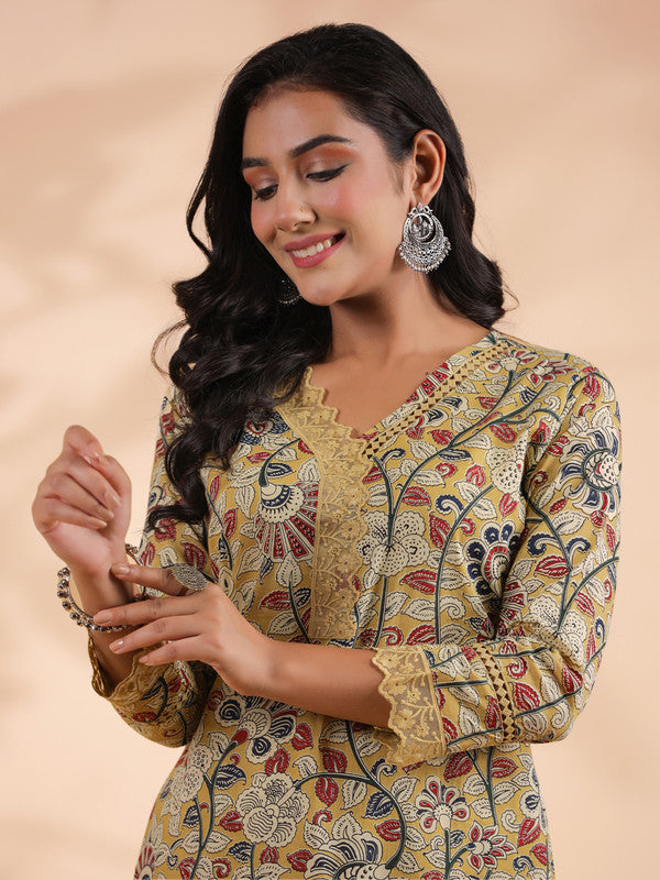 Beige Floral Print Straight Cotton Stitched Kurta