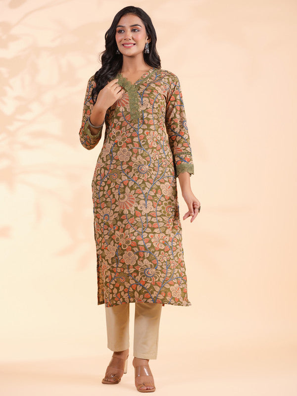 Mahendi Floral Print Straight Cotton Stitched Kurta