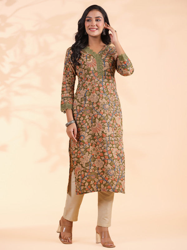 Mahendi Floral Print Straight Cotton Stitched Kurta