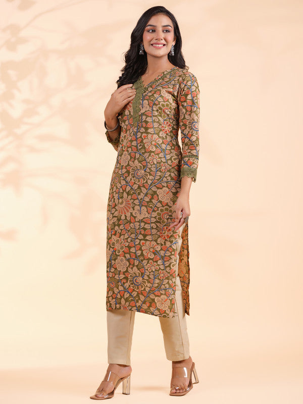 Mahendi Floral Print Straight Cotton Stitched Kurta