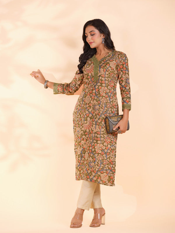 Mahendi Floral Print Straight Cotton Stitched Kurta